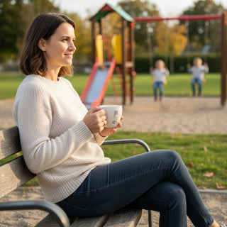 Woman at the kid's park drinking coffee from Moomin Mug