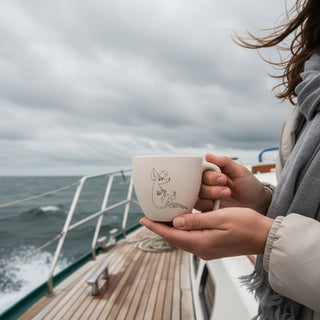 Biopohjainen luonnonvalkea Muumimuki, jossa orgaaninen pintastruktuuri, pitkä kahva ja Nipsun kuva kyljessä laseroituna. Käyttötilanne veneessä aikuisen kädessä.